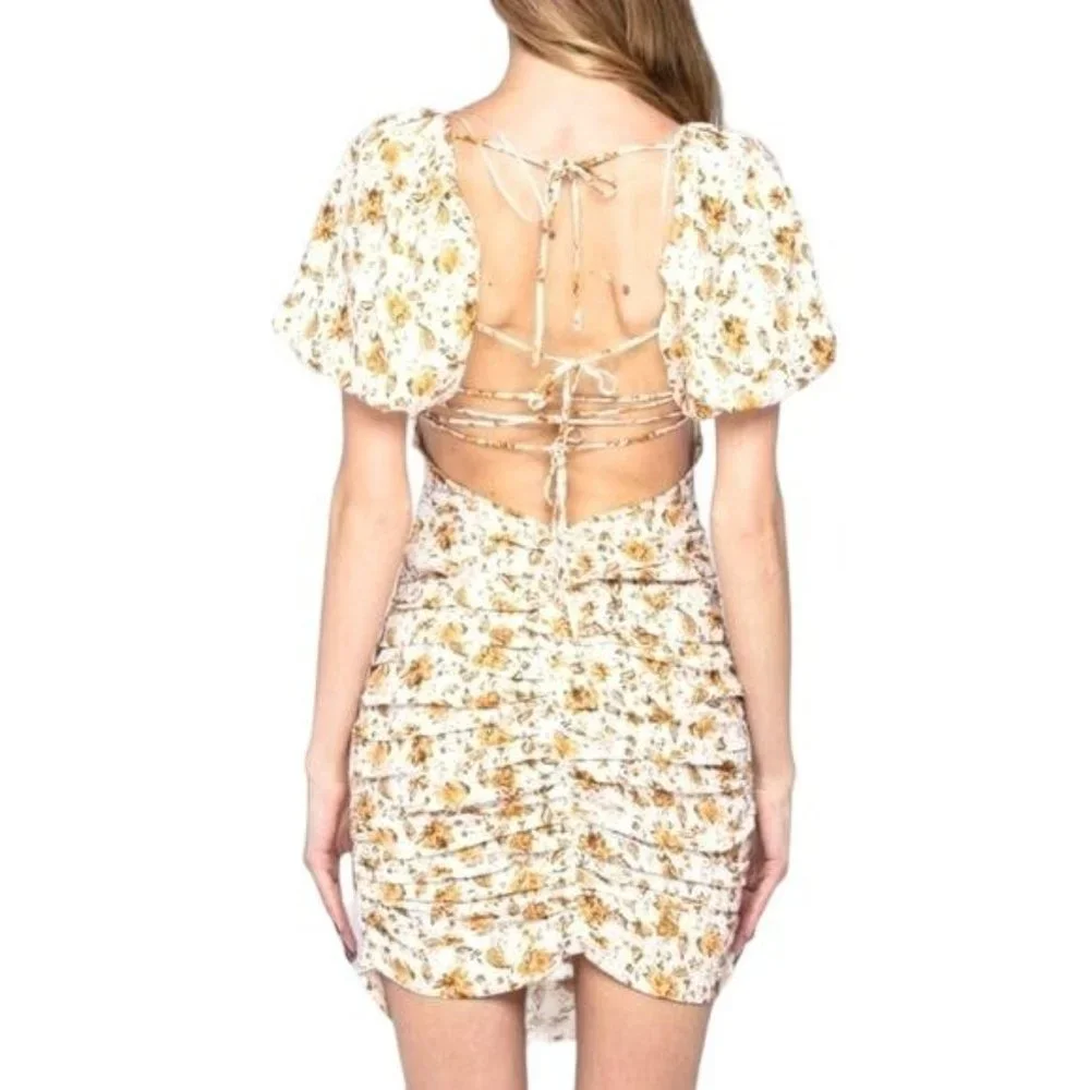 Skylar + Madison Floral Puff Sleeve Strappy Back Mini Dress Ivory Size Small NWT - Picture 2 of 4